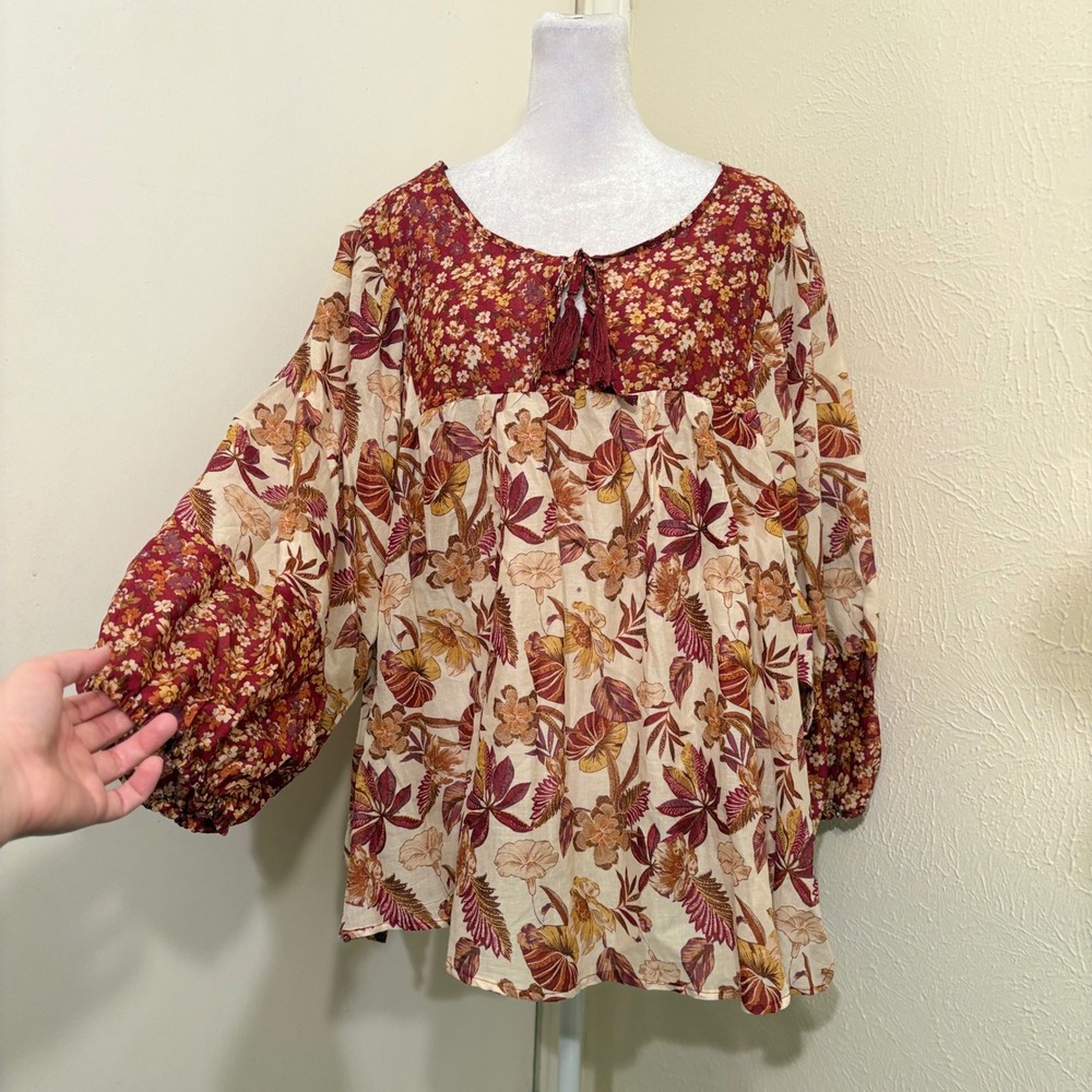 Red Yellow Floral Cotton Peasant Tunic Blouse Balloon Sleeve Top Hippie 22/24W